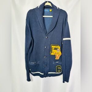 Polo Ralph Lauren Navy Knit Letterman Sweater Preppy English Countryside
